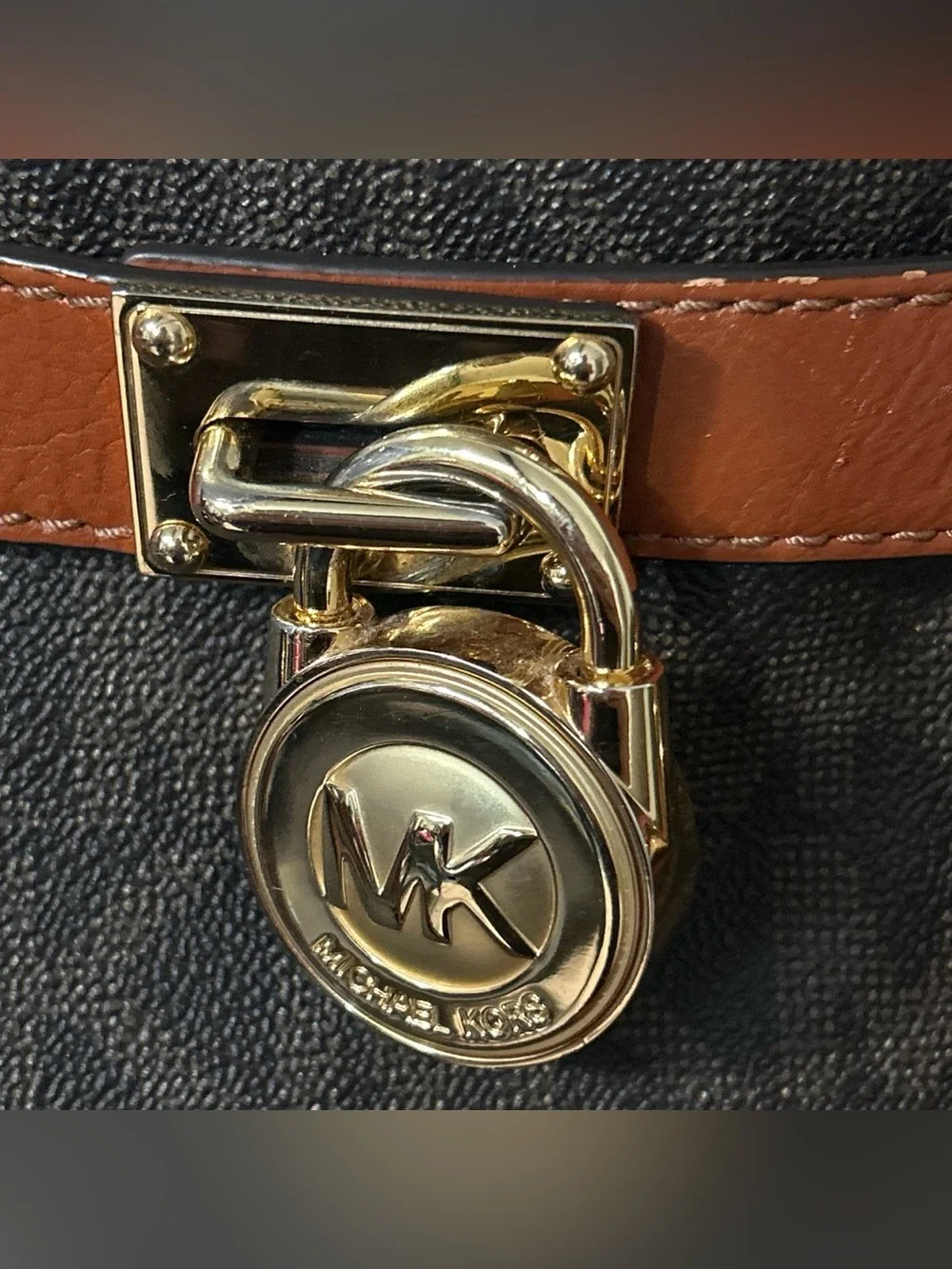 Michael Kors Hamilton Satchel Brown Monogram Canvas Tan Leather Gold Padlock Bag